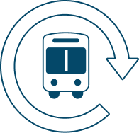 A bus nearly surrounded by a semicircular arrow, meant to indicate that transit content is being refreshed